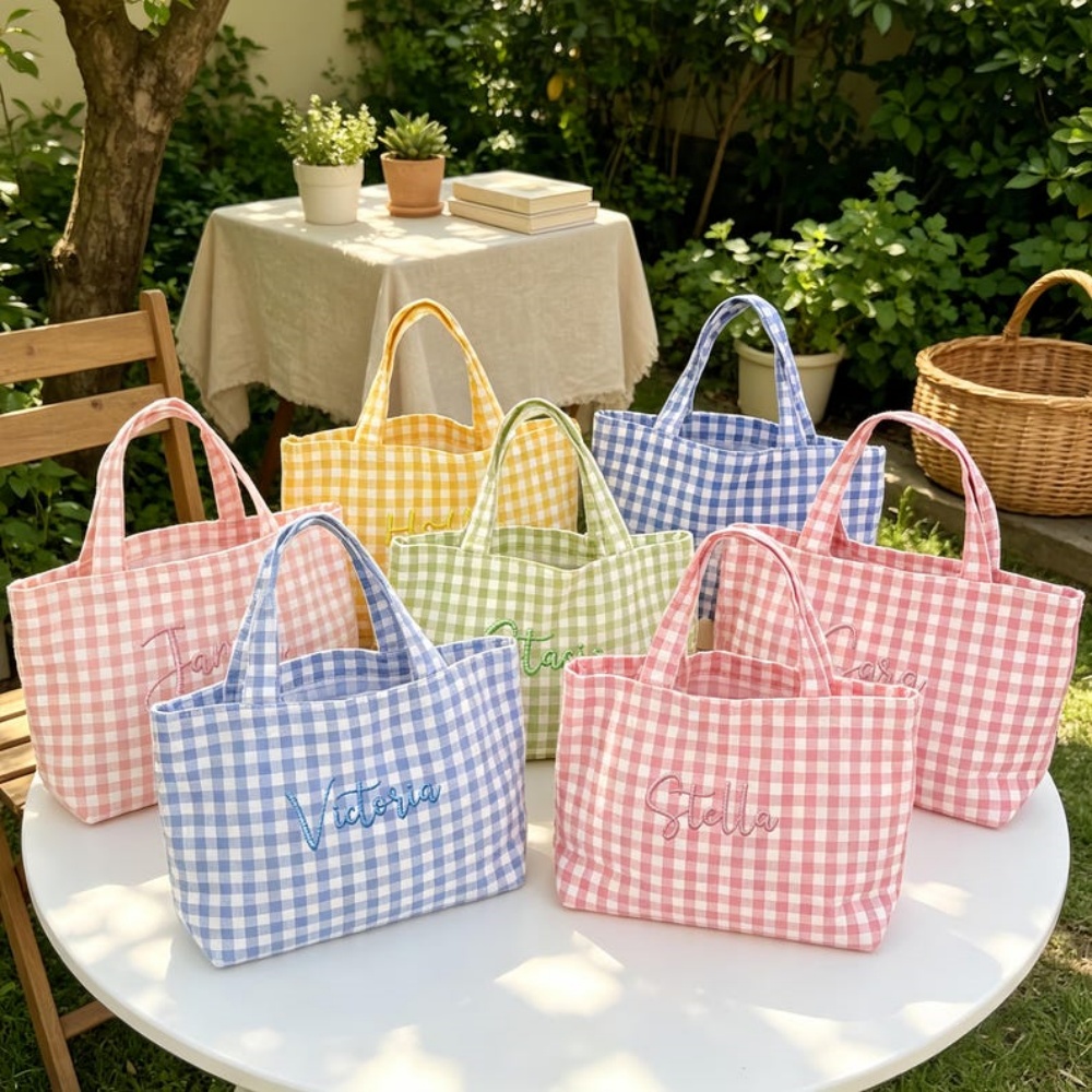 Women Bags Name - 1개 맞춤형 텍스트/이름 자수 체크무늬 토트백,