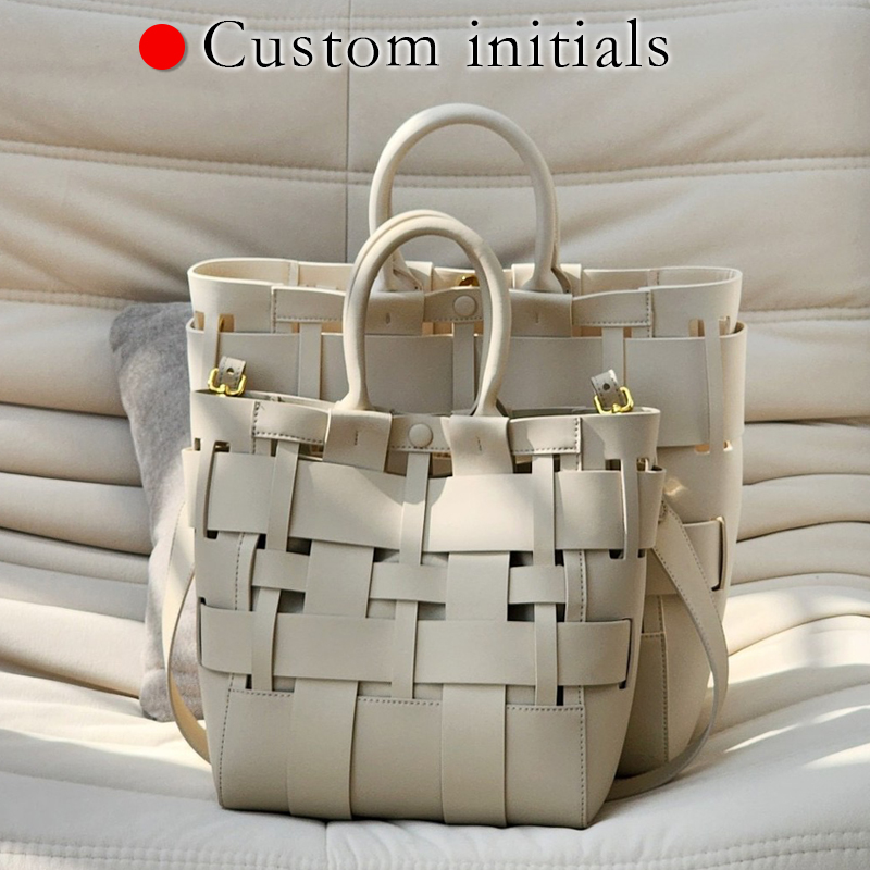 Women Bags On Sale - 맞춤형 이니셜 진정한 가죽 꼰 토트