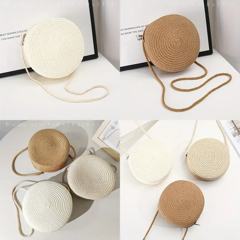Women Bags Crossbody - 여성용 원형 라탄 크로스백, 수제 니트